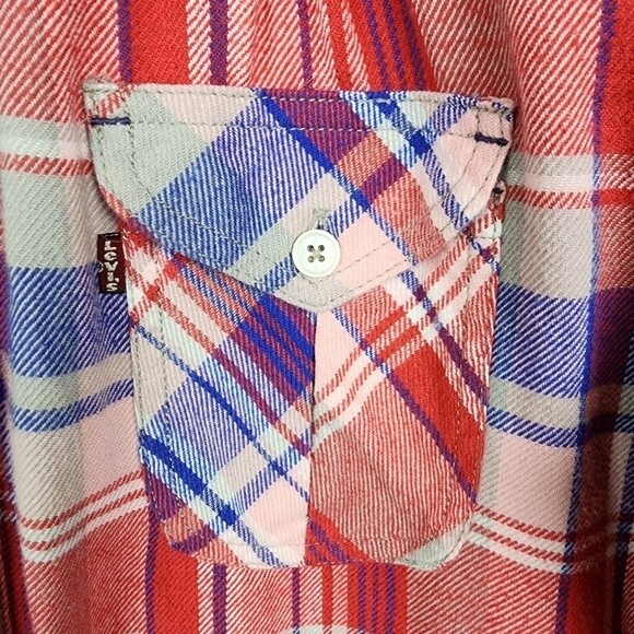Levis Flannel Shirt Plaid Cotton Red White Blue Button Front Top Blouse Size M - Picture 10 of 16